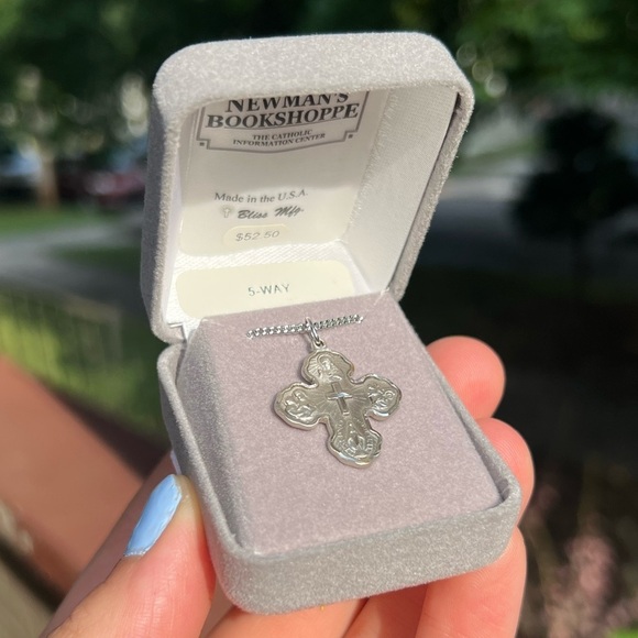 Sterling Silver 4-Way Catholic Cross Medal Necklace with 18” Stainless Chain - Picture 2 of 3